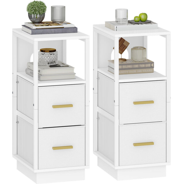 Slim Bedside Tables Set Of 2, Side End Table With 2 Fabric Drawers, Metal Frame Bedside Cabinet With Open Compartment, Narrow Nightstand For Bedroom,