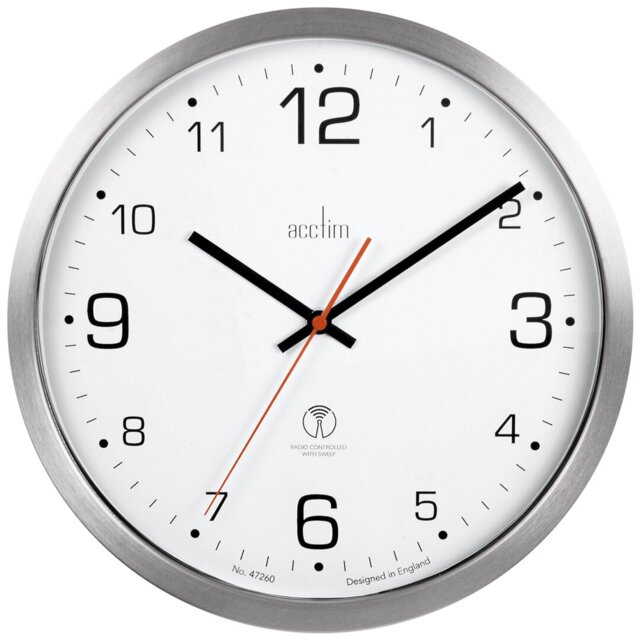 Acctim Atomik Wall Clock Non-Ticking Sweep Radio Controlled Brushed Metal Case Titanium 30cm