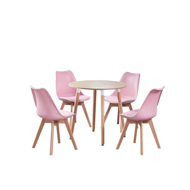 Sade 4 Person Dining Set - a Round Plastic Dining Table with Wooden Legs and a Set of 4 Faux Leather Cushion Padded Dining Chairs for Dining Room - Mo