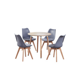 Sade 4 Person Dining Set - a Round Plastic Dining Table with Wooden Legs and a Set of 4 Faux Leather Cushion Padded Dining Chairs for Dining Room - Mo