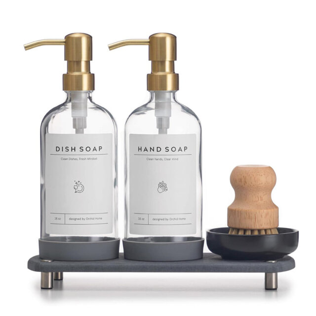 16oz Clear Glass Kitchen Soap Dispenser Set - Stainless Steel Pump, Dry Tray & Accessories - Labels, Silicone Pad & Dish Brush