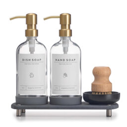 16oz Clear Glass Kitchen Soap Dispenser Set - Stainless Steel Pump, Dry Tray & Accessories - Labels, Silicone Pad & Dish Brush