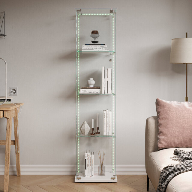 4-Tier LED Glass Display Cabinet with Lockable Door, Curio Display Case for Collectibles, Books, Figurines and Home Décor