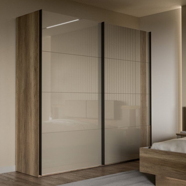 Modern wardrobe with 2 sliding doors, clothing rail and shelving, engineered wood, warm oak decor/beige high gloss, 220.1 cm W x 210.5 cm H x 61.2 cm