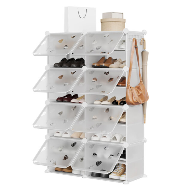 8-Cube Freestanding Modular Shoe Storage Organizer with Translucent Doors & 5 Side Hooks, Holds Up to 32 Pairs for Entryway, Closet and Mudroom