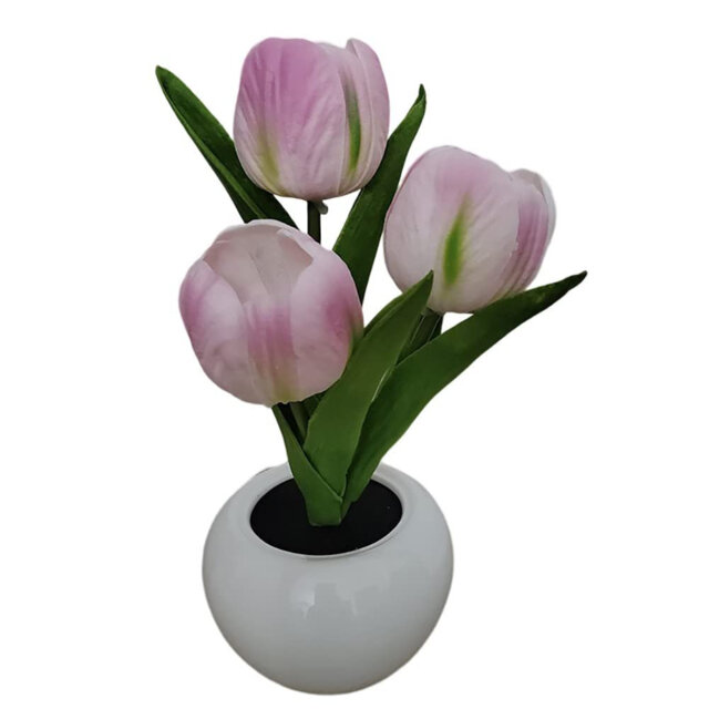 LED Tulip Night Light Table Lamp with Vase - 3-Branch Simulated Flower Decor - Battery Operated Fairy Accent Light for Bedroom/Living Room Desktop - G