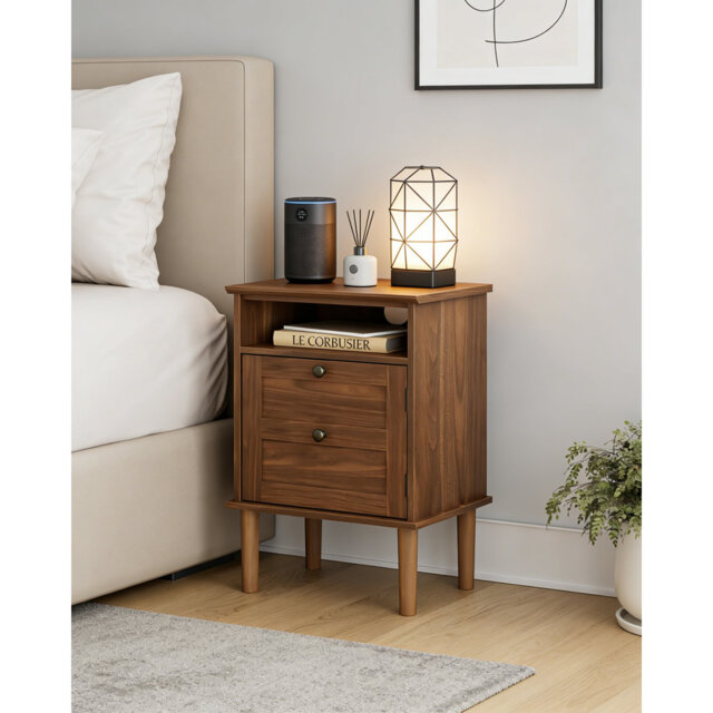 Wooden Bedside Cabinet with Door & Open Top Shelf