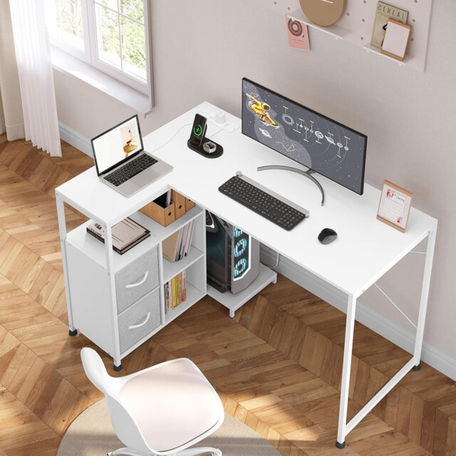 L-Shaped Computer Desk with Drawers, Power Outlets and Reversible Storage Shelves, 120x80 cm Corner Workstation, Metal Frame, White