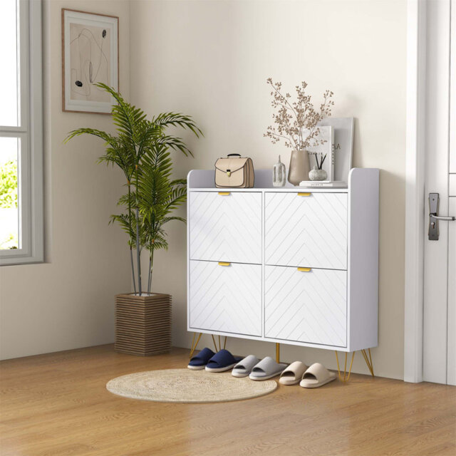 Slim Shoe Storage Cabinet With 4 Flip Drawers And Adjustable Shelves