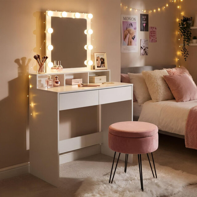 Harbour Housewares Wooden Dressing Table Set with LED Lights - White