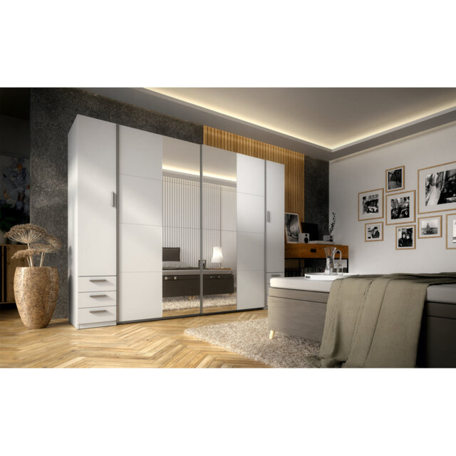 4-door wardrobe with drawers, white, with clothes rails, shelves and mirror WxHxD 270x207.5x60.4cm