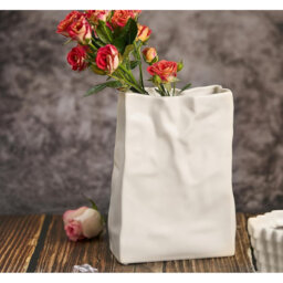 8-Inch Cream White Paper Bag Vase - Crinkle Ceramic Boho Wabi-Sabi Decor, Ideal Gift for Women