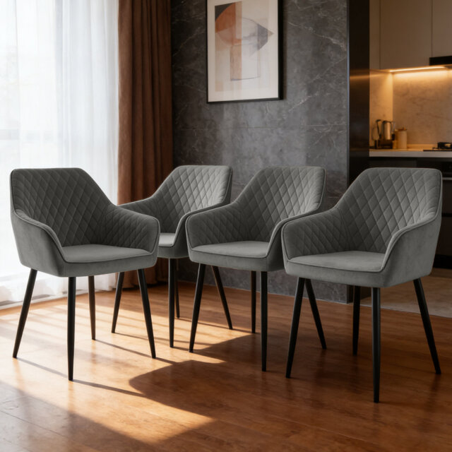 Velvet Upholstered Dining Chairs With Armrests & Diamond Tufting