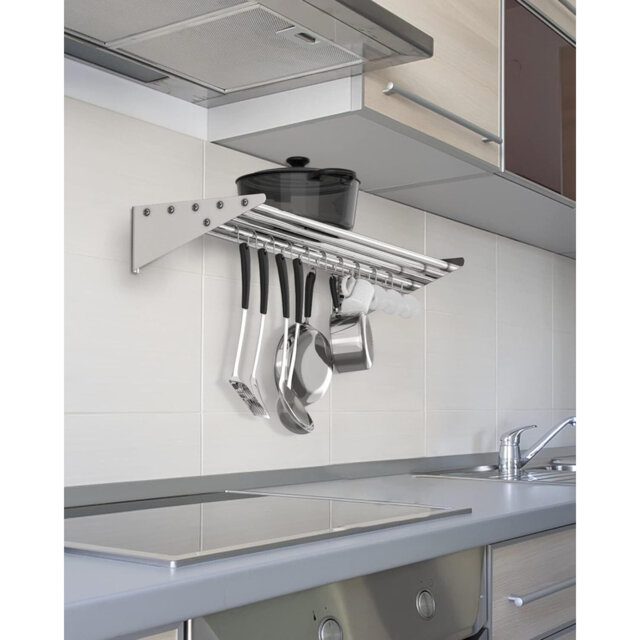 "Floating Shelves for Wall, NSF Commercial Wall Shelf, 12"" / 36"" / 48"" / 60"" x 24"" Shelf Pot Rack With Backsplash & 10 Hooks, Stainless Steel Floating"