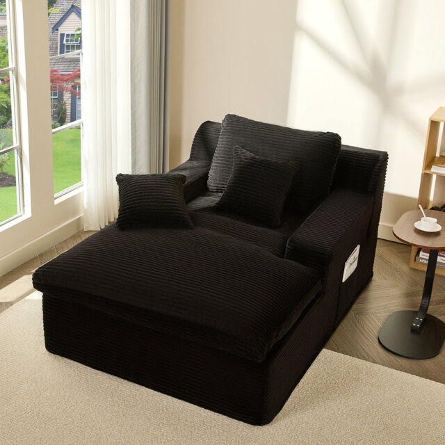 Chaise Lounge Chair with Armrests for Living Room, Floor Lounge Sofa with Movable Pillows & Side Pockets, Corduroy