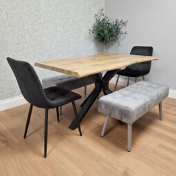 Wooden Brown Dining Table with 2 Velvet Chairs and 2 Grey Padded Benches, Dining Room Furniture
