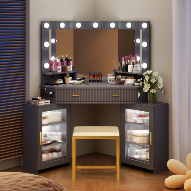 Dressing Table with Motion Sensor 3-colour lighting, Charging Socket, Storage Drawers and Stool