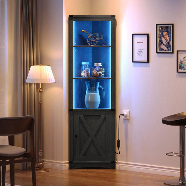 Corner Wine Storage Cabinet with LED Lighting & Remote Control