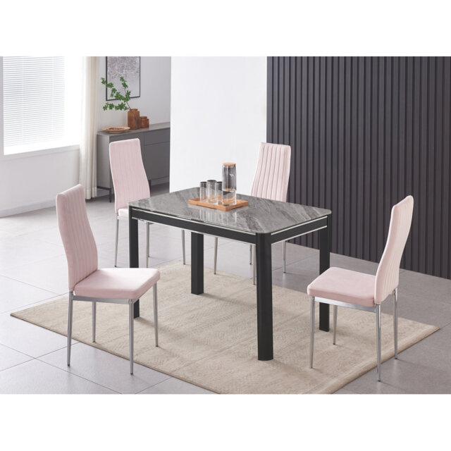Hannahs Grey Marble Effect Dining Table With 4 Monza Velvet Chairs