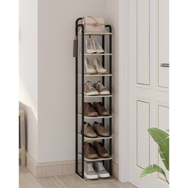 Vertical Shoe Rack, Shoe Shelves, Wood Shoe Organizer for Closet, Entryway, Shoe Tower for Small Spaces, Free Standing, Adjustable, with 2 Hooks, 8 Ti
