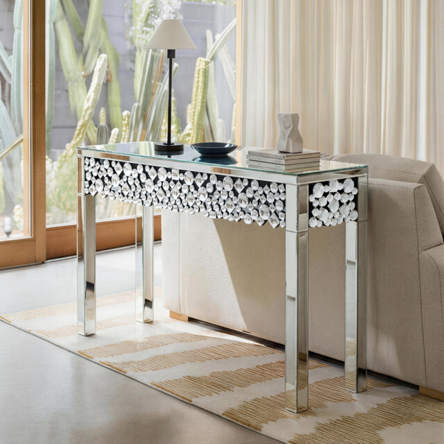 Andreja 120cm Mirrored Glass Console Table Faux Crystal Inlay Home Decor