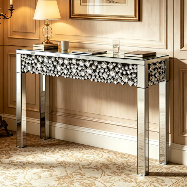 Amla 120cm Mirrored Glass Console Table Faux Crystal Inlay Home Decor