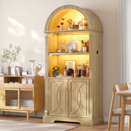 French Vintage Arched Display Cabinet with LED Lighting, Open Shelving and Cupboard Storage