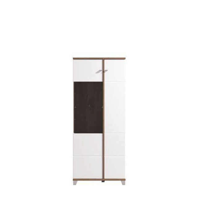 Opaline 78cm Wide White Gloss Oak Effect Display Cabinet Modern Storage Unit With Shelves And Doors