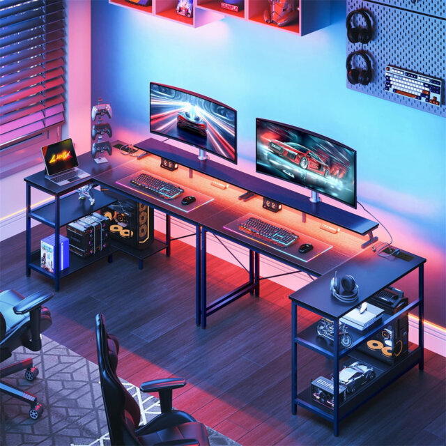 L Shaped Gaming Desk With LED Lights, Computer Desk With Power Outlet