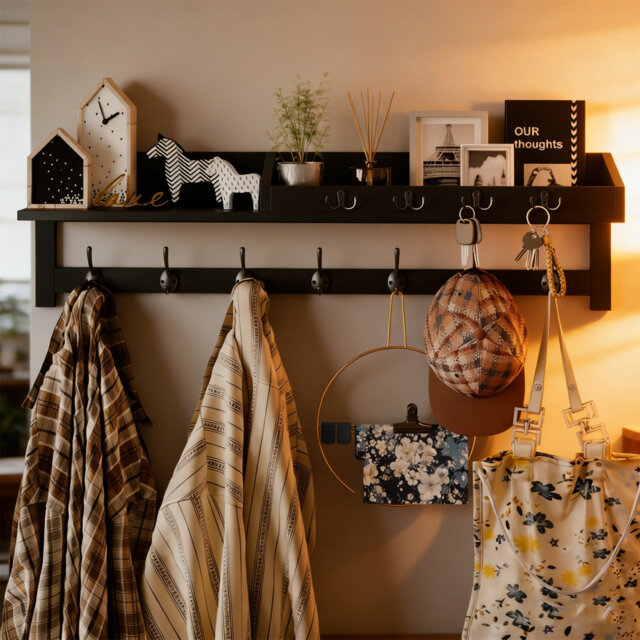 Wall-Mounted Wooden Coat Rack With 7 Dual Hooks, 4 Key Hooks & Mail Organizer, Entryway Shelf & Key Holder