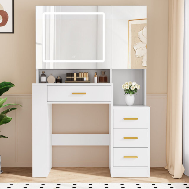 Dressing Table With Dual Mirror & LED Lights, Vanity Table With Drawers & Jewelry Cabinet, White