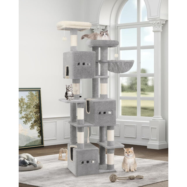 193 cm Cat Tree, Large Cat Tower for Indoor Cats, Multi-Level Cats House Furniture with 2 Platforms, 3 Condos, 7 Scratching Posts, 1 Basket, 3 Caves,