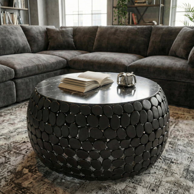 Round Black Marble Coffee Table with Aluminium Base