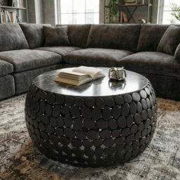 Round Black Marble Coffee Table with Aluminium Base