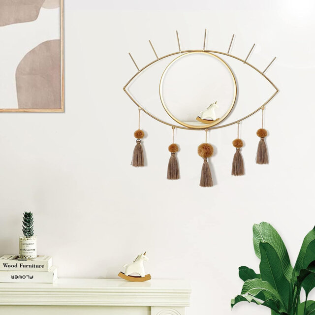 "15.3""L x 15.5""W Evil Eye Boho Gold Wall Mirror with Tassels, Macrame Bohemian Decor"