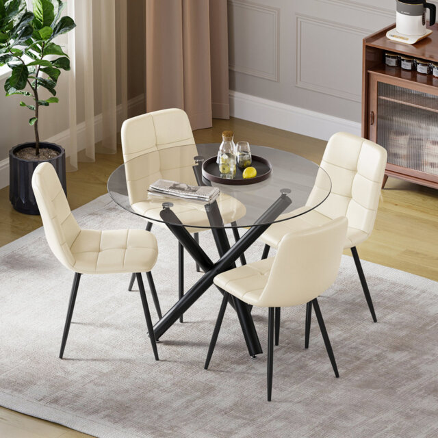 Dining Table And Chairs Set 4,tempered Glass Round Table With Large Faxu Leather Counter Chairs For Dining Room,living Room, Kitchen