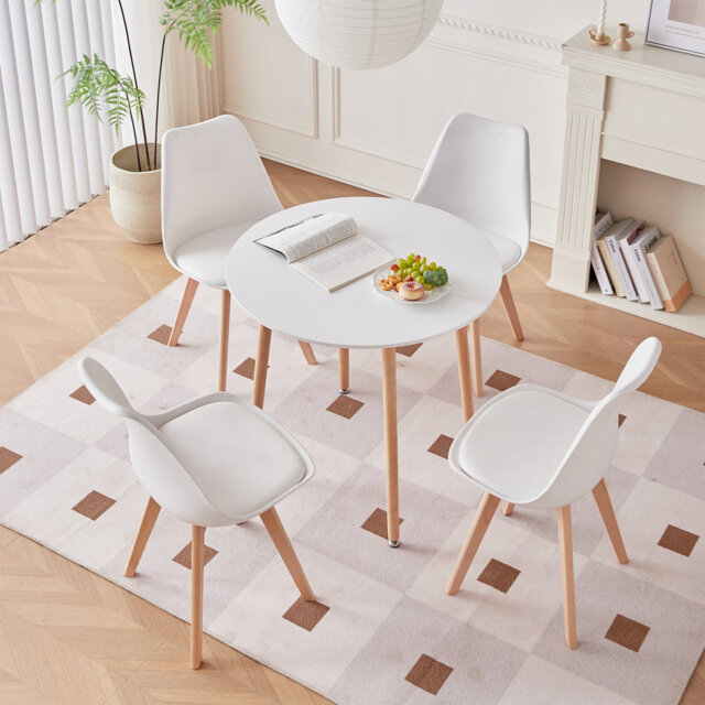 4 - Person Dining Set - Modern Round Kitchen & Dining Table Set With 4 Upholstered Chairs - Natural Wood Legs