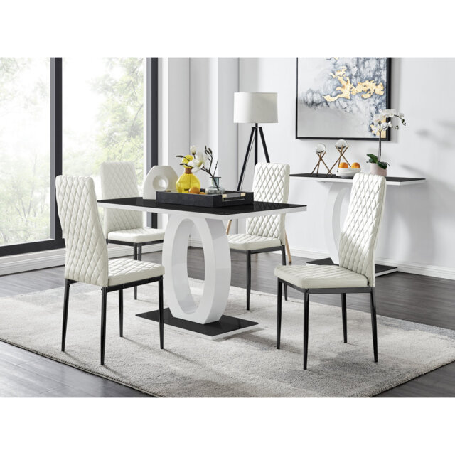 Scottsmoor High Gloss Halo Dining Table Set & 4 Luxury Faux Leather Dining Chairs - Modern Design