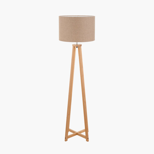 Whitby Natural Wood Tapered 4 Post Floor Lamp Base with Lino 45cm White Self Lined Linen Cylinder Lampshade