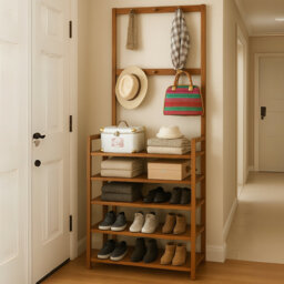 Solid Wooden Hall Tree Coat Stand Garment Hanger with Storage Shelves Shoe Organiser Hallway
