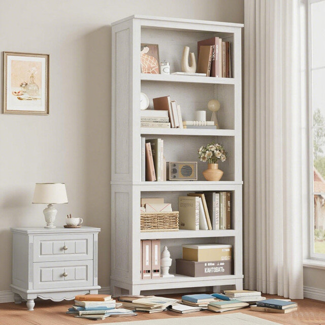 "5 Tier Bookcase w/Adjustable Shelves, 71"" Tall Bookshelf with Wooden Legs, Rustic Vintage Bookcase for Living Room Office Library"