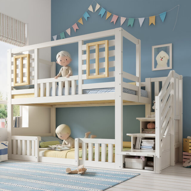 White Cabin-Style Bunk Bed With Storage Ladder & Wooden Windows, 2X 90X190 Cm