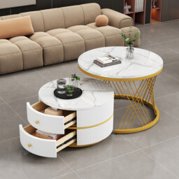 Set of 2 High Gloss Round Nesting Coffee Table with Marble Top