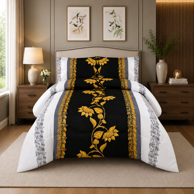 Black Trendy Printed Bedspread Floral Design Quilted with Pillow Shams