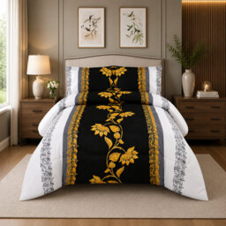 Black Trendy Printed Bedspread Floral Design Quilted with Pillow Shams