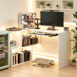 L-Shaped Computer Desk with Keyboard Tray and Storage Shelves, Corner Writing Desk for Home Office or Study, White Wood Effect