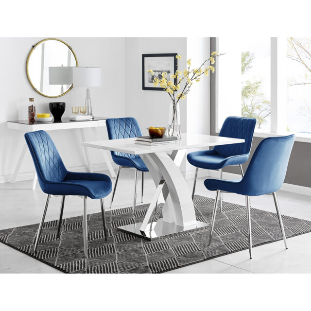 Marietta Chrome Metal & White High Gloss Dining Table Set - 4 Luxury Velvet Dining Chairs