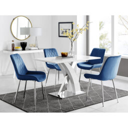 Marietta Chrome Metal & White High Gloss Dining Table Set - 4 Luxury Velvet Dining Chairs
