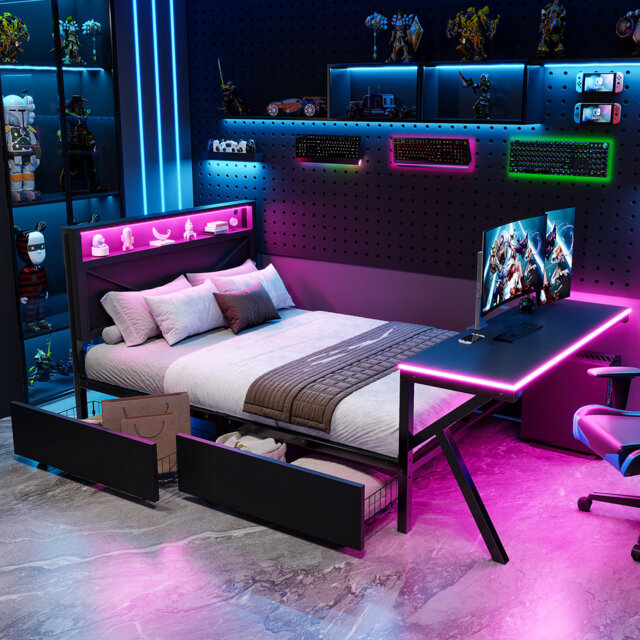 Metal Bed Frame 140 X 200 Cm With LED Headboard, Desk And Drawers