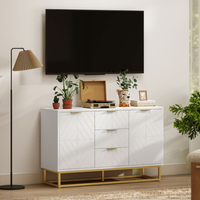White Sideboard with 3 Drawers & Adjustable Shelves, Modern Storage Cabinet for Living Room